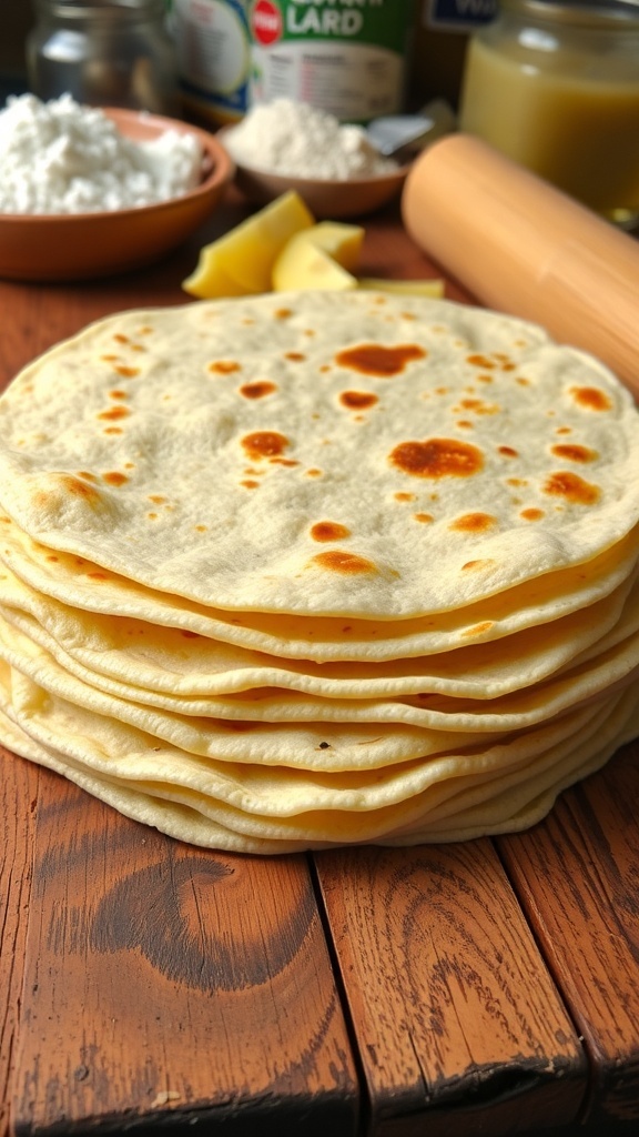 A stack of warm homemade lard tortillas on a wooden table, with flour and cooking tools in the background.